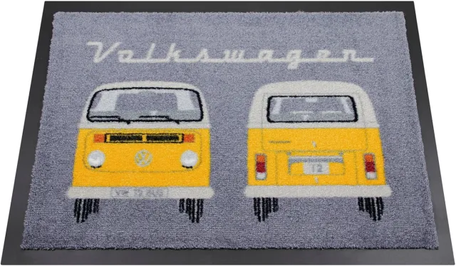 Brisa VW Collection - Volkswagen voetmat, deurmat, voetveegkrabber met VW T2 Bulli Bus en Volkswagen retro belettering Oranje