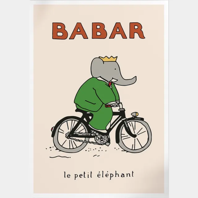 Pepperwall King Babar By Bike (Babar de Olifant) | Poster | B2: 50 x 70 cm Multikleur