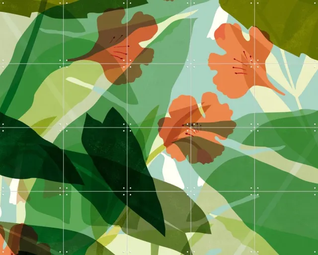 IXXI Leaves Green Orange, Lotte Dirks - 100 x 80 cm - Grote wanddecoratie en posters - Illustraties, Kleurrijk, Planten, Zomer, Natuur, Bloemen