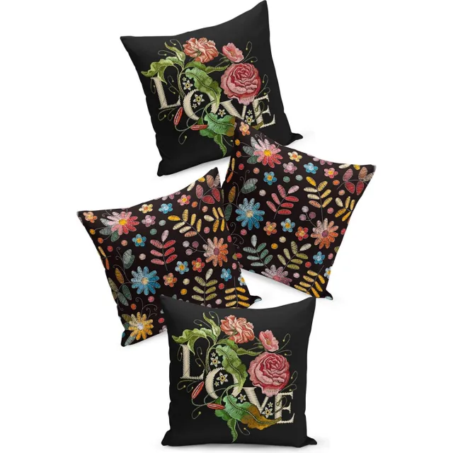 Kate Louise Sierkussens set 4 stuks - INCLUSIEF BINNENKUSSENS 45x45 cm - love - roze - gebloemd - dubbelzijdig bedrukt - kussensloop - kussens woonkamer - kussenhoes