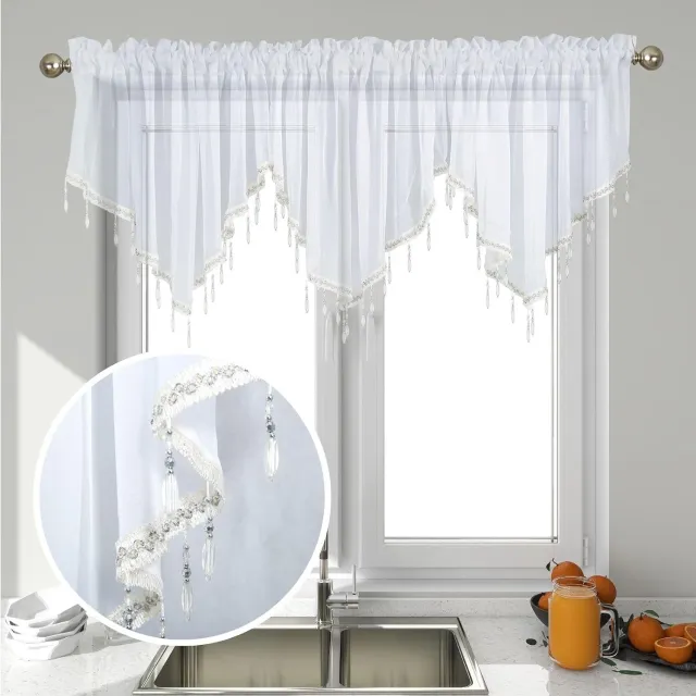 Huttutu Kort gordijn - 3-delige Set Korte Vitrage Valance met Kralen Driehoek Design - Roede Insteek Stijl - Geschikt voor Keuken Woonkamer Badkamer en Slaapkamer - Wit - Formaat 130x60 cm - 3 Stuks