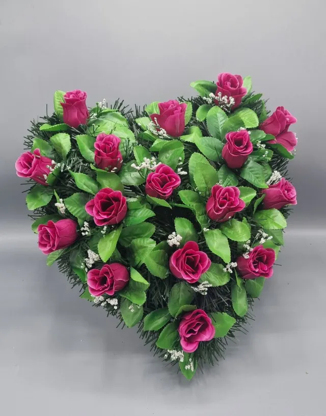 Herdenkingslichtjes Bloemstuk - W847/59 - Hart - Rozen - Paars/Roze - 40 cm - Kunstbloemen - Zijdenbloemen - Verzwaard Paars, Roze, Groen