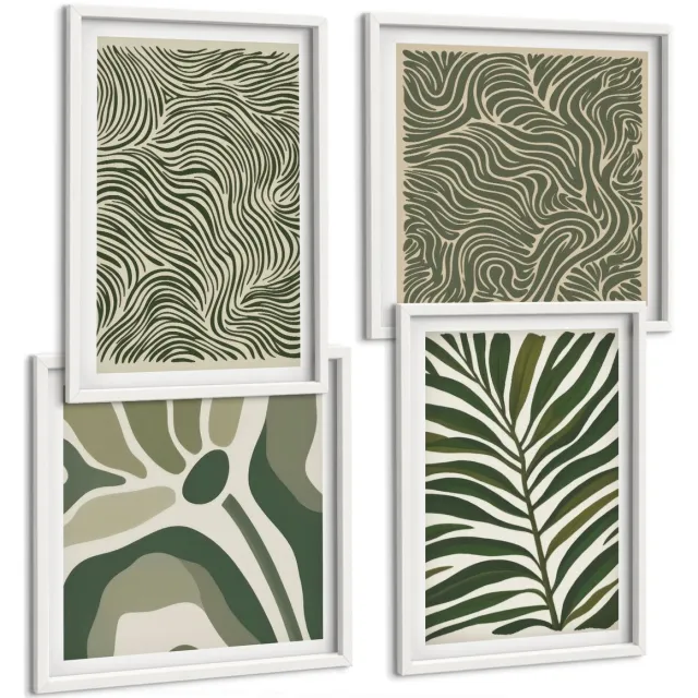Coloray 4-Delige Schilderij Set - Abstracte Patronen Met Bladeren En Golvende Vormen - 40 x 40 En 40 x 60 - Muurdecoratie - Decoratieve Schilderijen - Wohnzimmer - Moderne Wanddecoratie Witte lijst