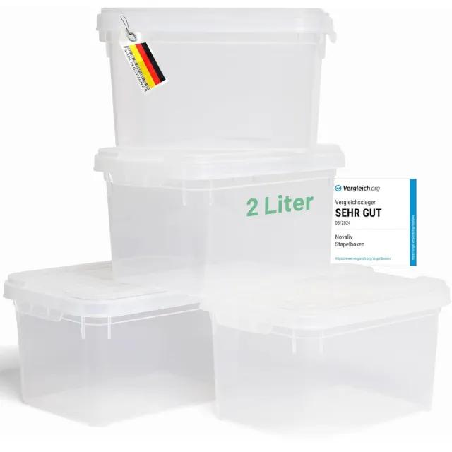 Novaliv 4x opbergdozen met deksel klein 2 L transparant nestbaar stapelbaar kunststof dozen met clipsluiting kunststof BPA-vrij 19 x 14 x 11 cm