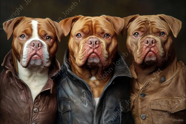 John Joseb Art (Canvas) 90x60 | Grappige honden in leren jas, humor, portret, boxer | dier, stoer, hond, bulldog, bruin, zwart, woonkamer, modern | Foto-Schilderij canvas print (wanddecoratie) Canvas, dikte 2 cm