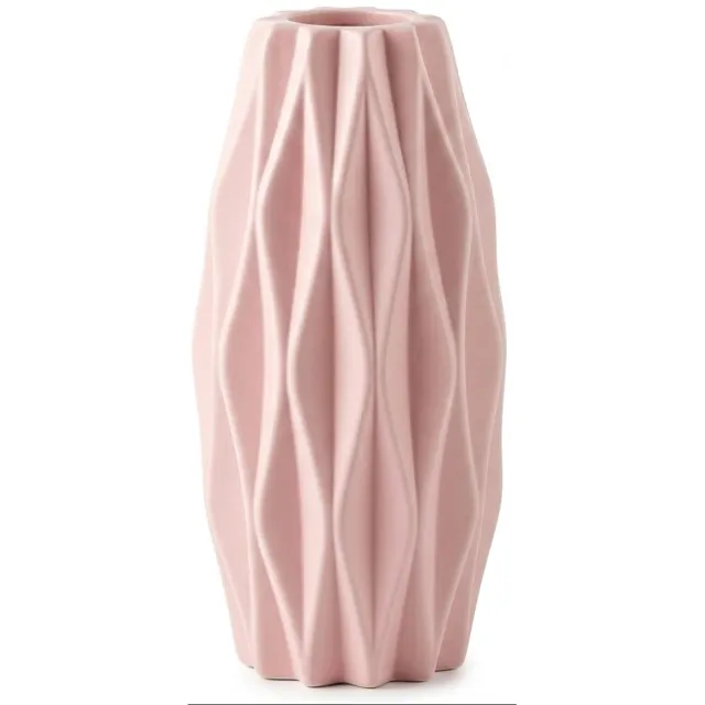 NUVEX Roze vaas kunststof met reliëf structuur – smalle hoge bloemen vaas met keramiek look voor interieur decoratie woonkamer en eettafel