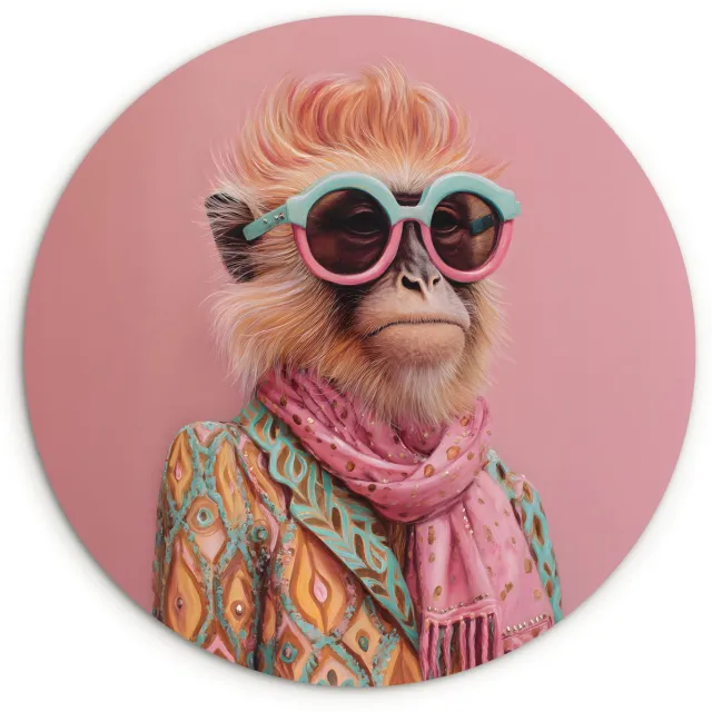 WallCircle Wandcirkel 30x30 cm - Muurcirkel Sjaal - Aap - Zonnebril - Jasje - Muurdecoratie woonkamer - Wanddecoratie slaapkamer - Kamer decoratie accessoires - Ronde schilderijen