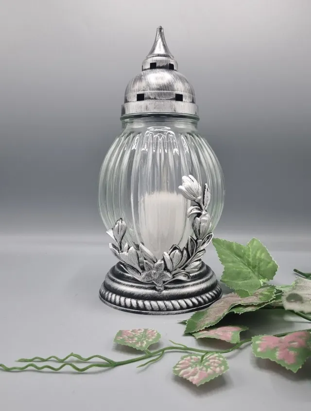 Lubema Herdenkingslicht - R492g-sr - Zilver - Bloemen - Grafkaars – Graflicht – Graflantaarn – Grafdecoratie - Windlicht