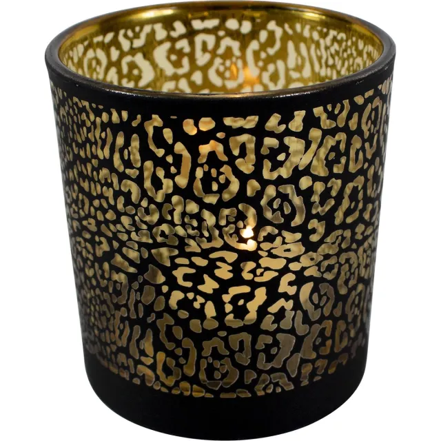 Mars & More Theelichthouder jaguar print - glas mat zwart - 12,5 cm