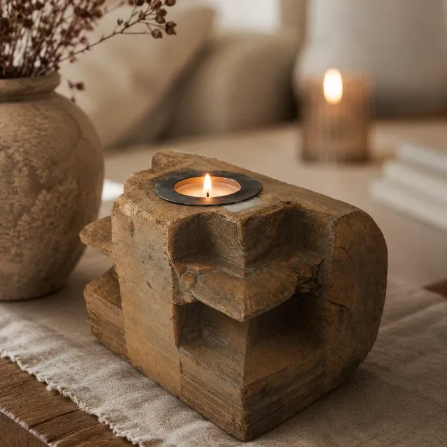 ZoeZo Design stoer - sober - Grote Robuuste houten kaarshouder - kandelaar 23 x 15.5 x 15 cm bruin 5