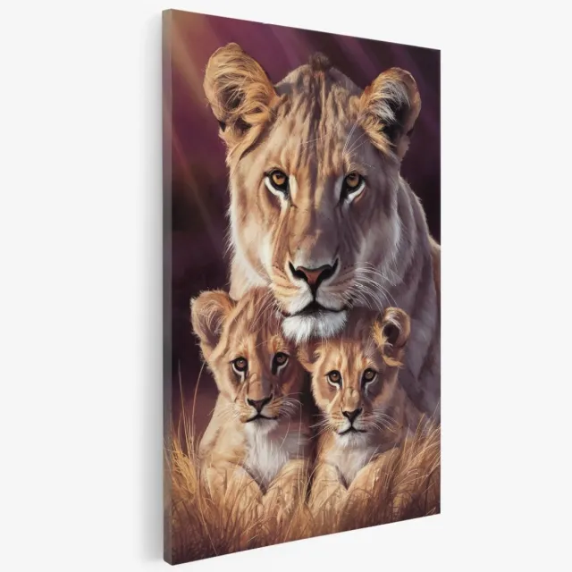 Saammp Canvas Schilderij - Leeuw met 2 welpen - Abstract - Dieren - 80x120 - Foto op canvas - Wanddecoratie - Muurdecoratie Woonkamer - Slaapkamer decoratie - Canvas Print Multicolor