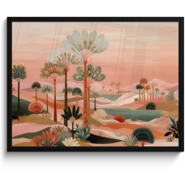 FrameYourWall Poster in lijst - Fotolijst 70x50 cm - Posters - Roze landschap - Palmen - Water - Posterlijst zwart - Decoratie - Wanddecoratie woonkamer - Muurdecoratie slaapkamer