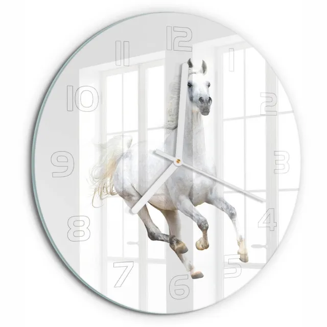 TULUP Wandklok - Wit Arabisch paard Moderne Wandklok Glas - fi30 cm - Wit Wandklok Glas Decoratie - Witte handen - Ronde Klok - Glazen Wandklok Design - Klok Glas Met Opdruk