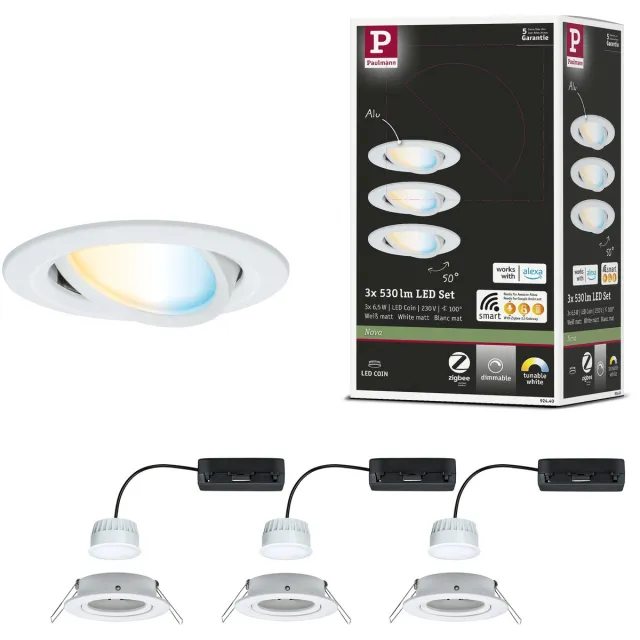 Paulmann LED-inbouwlamp Nova Coin rond 84 mm 50° Tunable White 3x6W 3x500lm 230V Wit mat Aluminium
