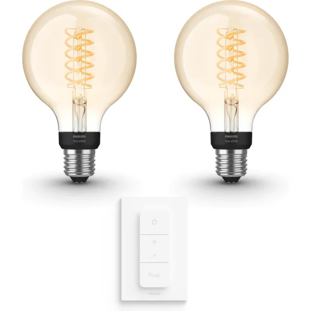 Philips Hue Uitbreidingspakket - E27 - met 2 Filament Globelampen Klein (G93) - Warmwit Licht - Incl. 1 Hue Dimmer Switch - Hue White Filament