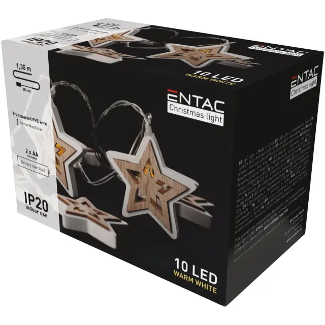 Entac Kerstverlichting LED Houten Sterren - 1.65m - 10 Lichtjes - Inclusief Batterijen - Lichtslinger - Warm Wit Licht