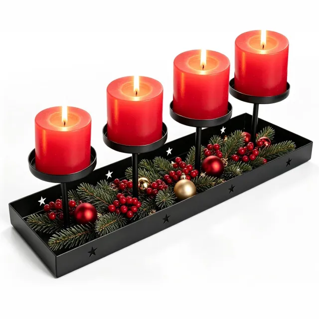 Huttutu Adventskrans - Kaarsenhouder voor 4 Stompkaarsen - Kerstdecoratie Tafel - Langwerpige Metalen Kandelaar - Modern Sterrenpatroon - 42 x 12 cm - Zwart