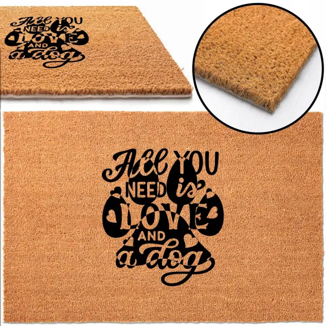 TabPrint Kokosmat 'All You Need Is Love And A Dog' 40x60 cm - Antislip Natuurlijk