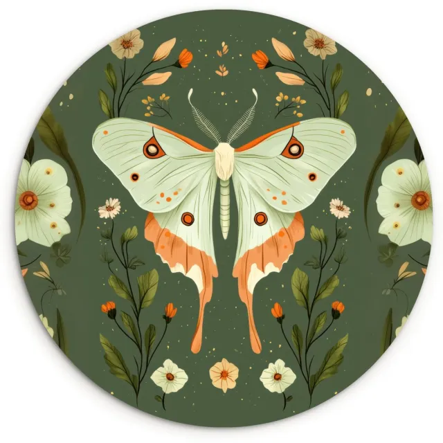 WallCircle Wandcirkel 30x30 cm - Muurcirkel Bloemen - Bladeren - Olijfgroen - Vlinder - Muurdecoratie woonkamer - Wanddecoratie slaapkamer - Kamer decoratie accessoires - Ronde schilderijen Bloemen - Bladeren - Vlinder