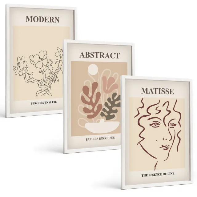 Coloray 3-Delige Schilderij Set - Plantenmotieven En Lijnen In Een Moderne Stijl - 40 x 60 - Muurdecoratie - Interieur Decoratie - Moderne Wanddecoratie Witte lijst