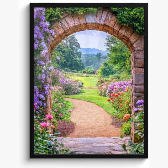 FrameYourWall Poster in lijst - Fotolijst 50x70 cm - Posters - Doorkijk - Poort - Bloemen - Tuin - Posterlijst zwart - Decoratie - Wanddecoratie woonkamer - Muurdecoratie slaapkamer
