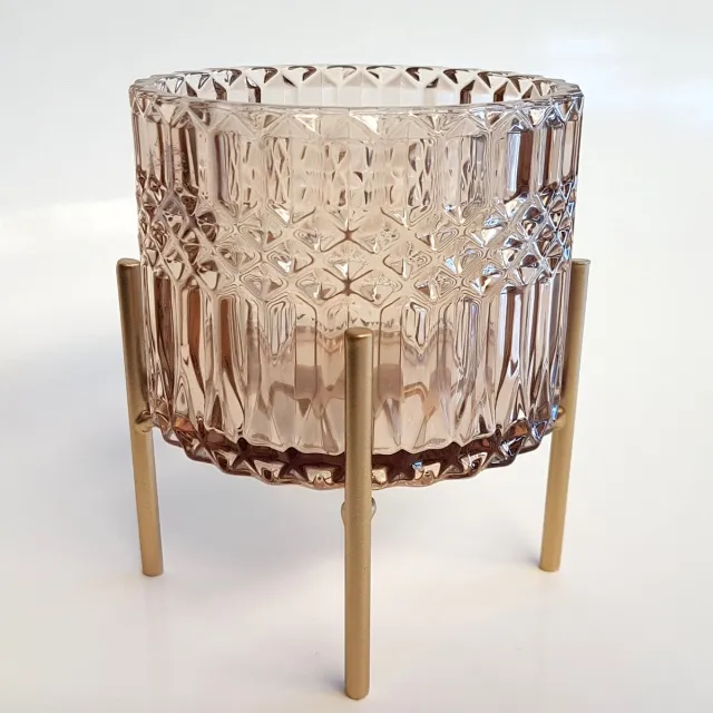 dekoratief Windlicht / theelichthouder / waxinelichtjeshouder op pootjes - Beige / transparant - 12 x 12 x 13 cm hoog.