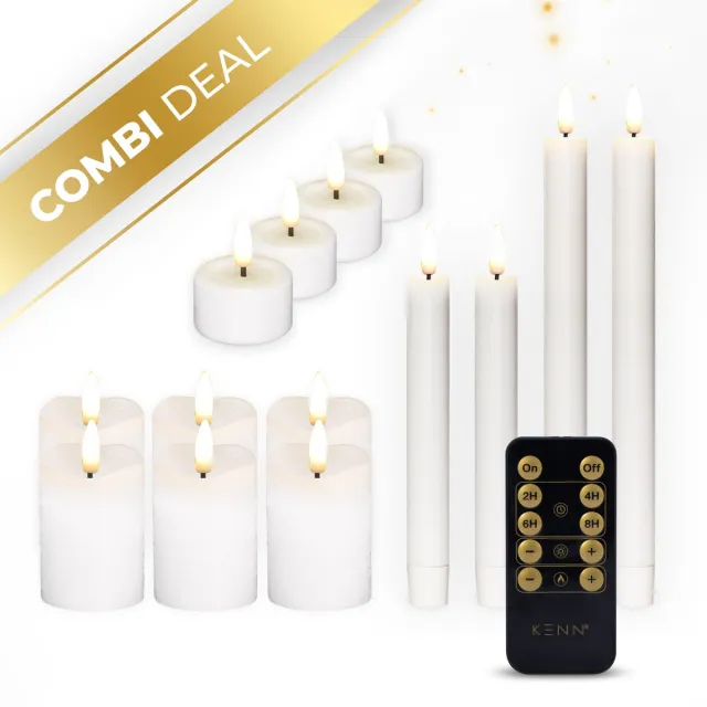 KENN LED Kaarsen Set – Complete Kaarsenbundel – Wit – Set van 14 – Echte Wax – Met Afstandsbediening & Timer – Tot 300 Branduren – Realistisch Vlameffect – LED Kaarsen op Batterijen – LED Dinerkaarsen – LED Stompkaarsen – LED Waxinelichtjes