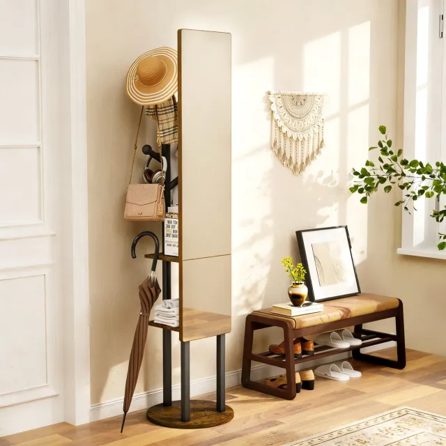 MIVRAY Staande Spiegelkapstok – 360° Draaibaar – Met Opbergruimte – 174 x 40 cm – Spaanplaat en Staal – Zwart en Bruin Zwart bruin