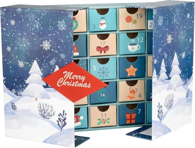 Brubaker Adventskalender om Zelf te Vullen - DIY-Kerstkalender om Open te Klappen met 24 Deurtjes voor Cadeaubonnen, Snoepjes en Andere Verrassingen - 27 cm Groot van Karton - Blauw Blauw openklappen