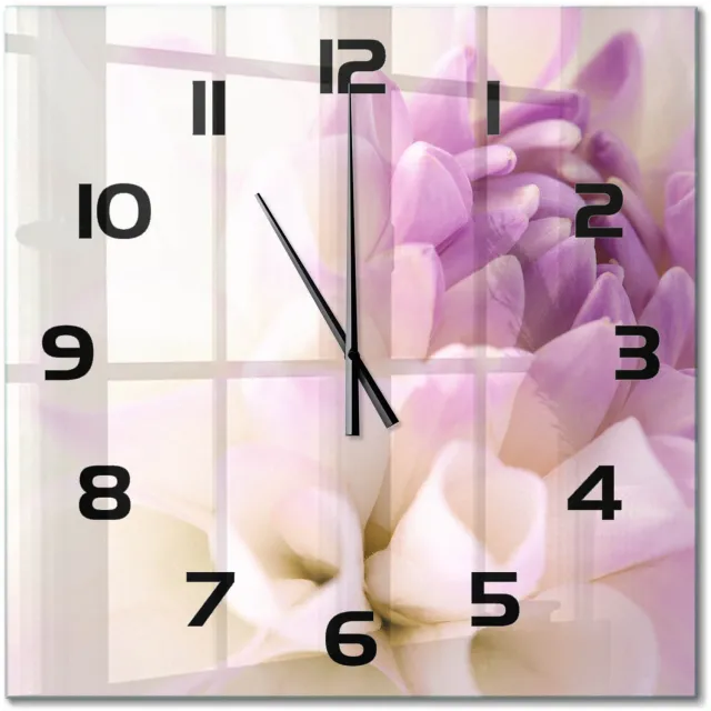 TULUP Wandklok - Witte dahlia Wandklok Glas Decoratie - 60x60 cm - Paars Gekleurde Glazen Klok - Zwarte handen - Vierkante Klok - Klok Glas Met Opdruk - Moderne Wandklok Glas