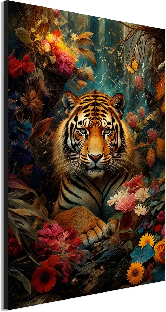 De Online Drukwinkel Wanddecoratie Metaal - Aluminium Schilderij Tijgerbloei in mystiek - 90 x 60 cm - Tijger - Muurdecoratie woonkamer en slaapkamer - Inclusief ophangsysteem - Modern - Modern - Displate alternatief Oranje