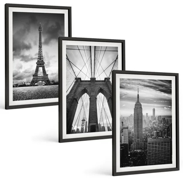 Coloray 3-Delige Schilderij Set - Torens En Bruggen In Monochrome Tinten - 40 x 60 cm - Wanddecoratie - Woonkamer Decoratie Zwarte lijst