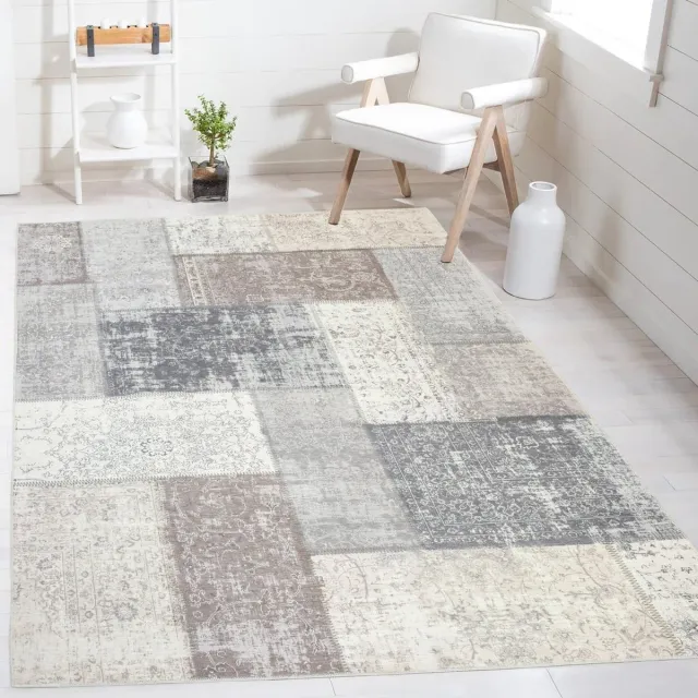 flycarpets Burano Vintage Patchwork Vloerkleed - Grijs / Taupe - Laagpolig Tapijt