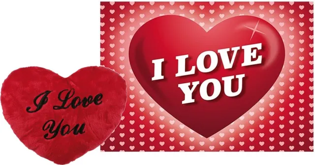 Out of the Blue Pluche knuffel kussen rood I Love You - 60 cm - met Love/hartjes wenskaart