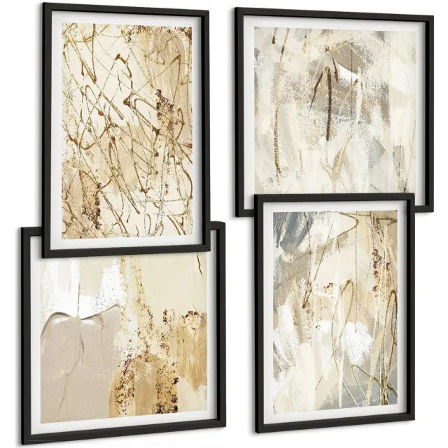 Coloray 4-Delige Schilderij Set - Beige Abstracte Geschilderde Vormen En Lijnen - 40 x 40 cm En 40 x 60 cm - Wanddecoratie - Muurdecoratie - Woonkamer - Woonkamer Decoratie Zwarte lijst