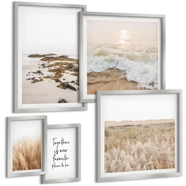 TULUP 4-Delige Schilderij Set - Natuurlijke strandlandschappen met natuurthema en citaat - 50 x 50 cm, 20 x 30 cm en 40 x 60 cm - Muurdecoratie - Decoratieve Schilderijen - Wohnzimmer Zilveren lijst