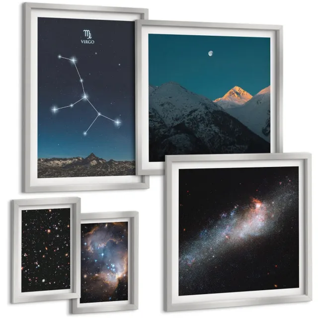 TULUP 4-Delige Schilderij Set - Ruimtenachtlandschappen met sterren en sterrenbeelden - 50 x 50 cm, 20 x 30 cm en 40 x 60 cm - Stijlvolle Wanddecoratie - Interieur - Stijlvolle Muurdecoratie Zilveren lijst