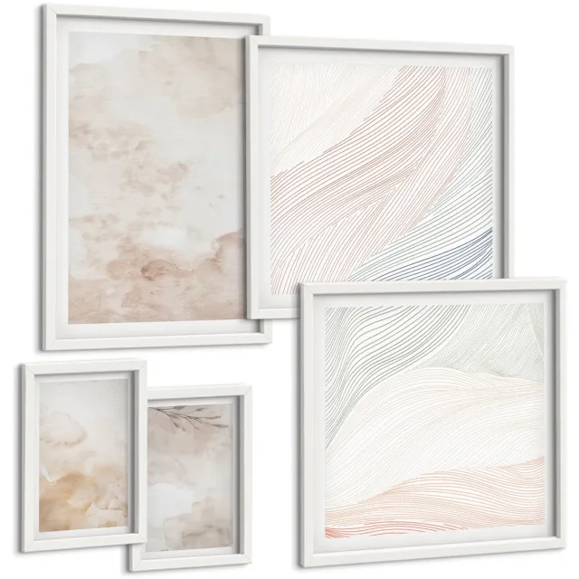 Coloray 5-Delige Schilderij Set - Aquarelvlekken En Bladeren In Pastelkleuren - 50 x 50 cm, 20 x 30 cm En 40 x 60 cm - Stijlvolle Wanddecoratie - Interieur - Interieur Decoratie Witte lijst