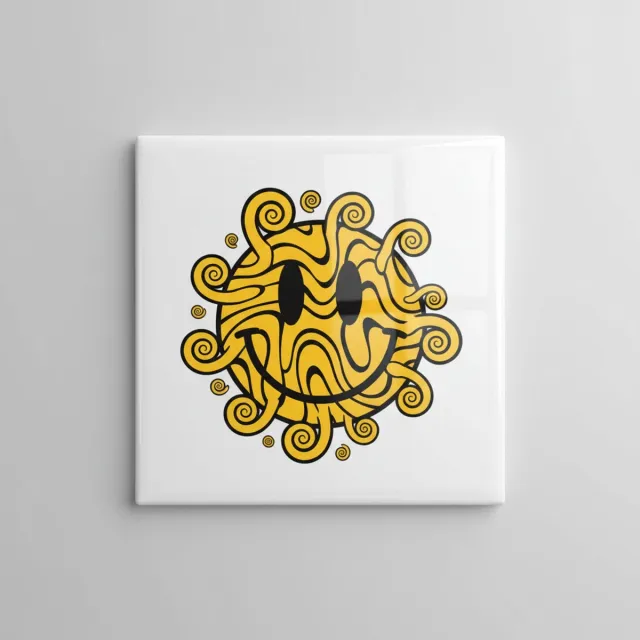 Nevolis Psychedelische Smiley Zon Tegel – Retro Happy Face Kunst – Moderne Wand- & Woondecoratie – Keramische Tegel 15 × 15 cm Multi Color