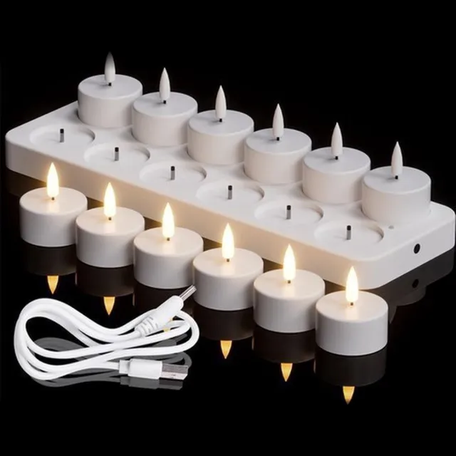Flintry Oplaadbare Theelichtjes , 12 Stuks Op Batterijen Werkende 3D-lont Flikkerende Vlamloze Kaarsen Met Oplaadstation Voor Halloween-kerstdecoratie (4 X 4,7 Cm) 12 PCS - zonder afstandsbediening