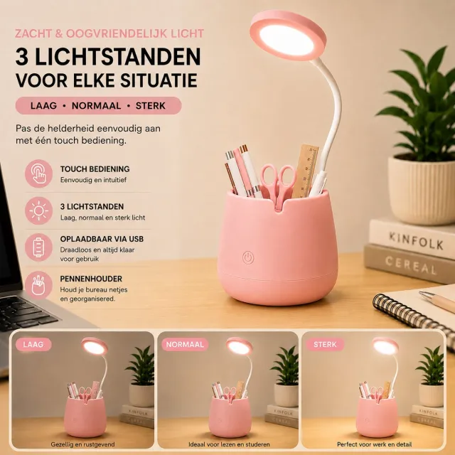 Binalight LED Bureaulamp met Pennenhouder – Draadloos – USB Oplaadbaar – Touch Bediening – Roos