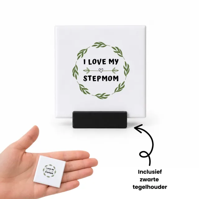Hacebo I love my stepmom tegeltje met tegelhouder - Mama - liefste stiefmoeder - tegeltjes met tekst - Moeder cadeautjes - moederdag - verjaardag - geschenk - kado - spreuktegels - 4.8x4.8 CM Wit