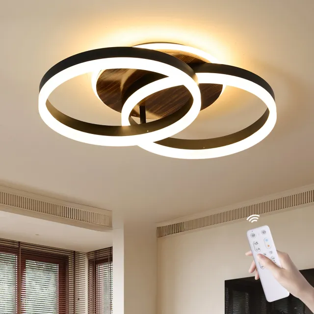 Amdelne Moderne LED Plafonnière Zwart en hout - Dubbele Cirkel Design - 36W - 3600LM - Dimbaar (3000K-6500K) - Met 2.4G Afstandsbediening & Geheugenfunctie