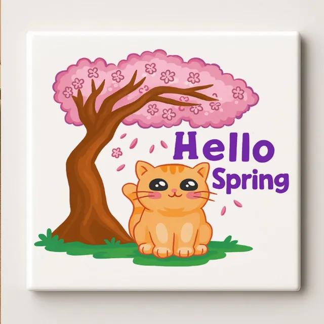 Nevolis Hello Spring Tegel – Schattige Kat & Bloesemboom Wanddecoratie – Keramische Tegel 15 × 15 cm Multi Color