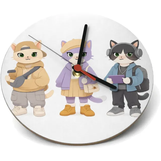 Mr Cadeautjes Klok rond Ø 19 - design Drie modieuze katten in pastel-outfits, elk met een andere h | cadeau Wit