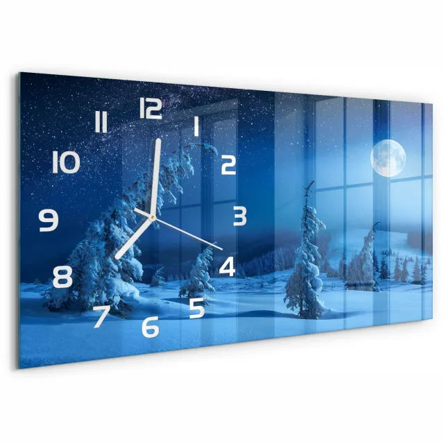 TULUP Wandklok - Volle maan Wandklok Glas Met Motief - 60x30 cm - Blauw Decoratieve Glazen Klok - Witte handen - Rechthoekige Klok - Gekleurde Glazen Klok - Glazen Klok Met Print