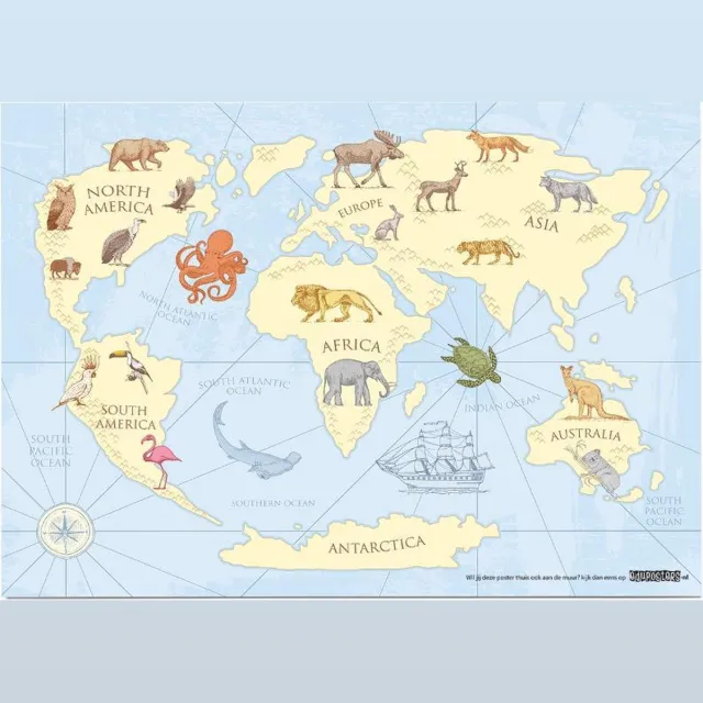 eduposters Educatieve poster (Posterpapier) - Topografie wereld retro - 59.4 x 42 cm (A2) Beige