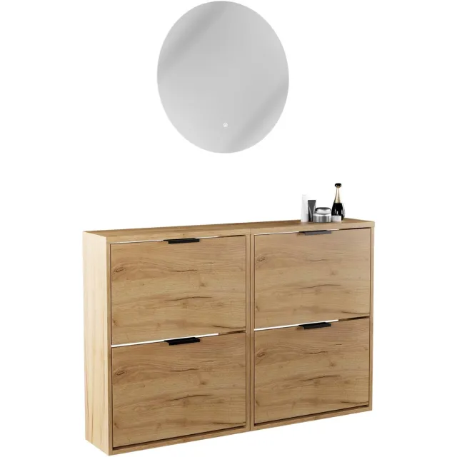 Planetmöbel STIVIO - Schoenenkast 60 cm - Goud eiken - Set van 2 met 2 kleppen - LED-spiegel NOVA ⌀ 60 cm