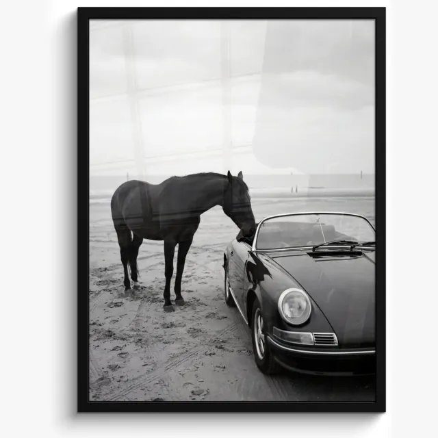 FrameYourWall Poster in lijst - Fotolijst 60x80 cm - Posters - Paard - Auto - Zwart - Wit - Posterlijst zwart - Decoratie - Wanddecoratie woonkamer - Muurdecoratie slaapkamer