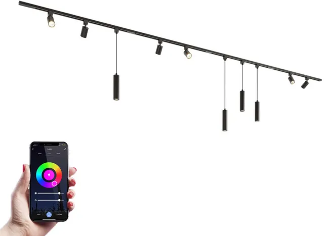 HOFTRONIC railverlichting pakket recht – 4x 1 meter rail – 6 railspots en 4 hanglampen – RGBWW GU10 lichtkleur – dimbaar via app – aluminium zwart – IP20 – modulair – 230V – smart track lights woonkamer keuken
